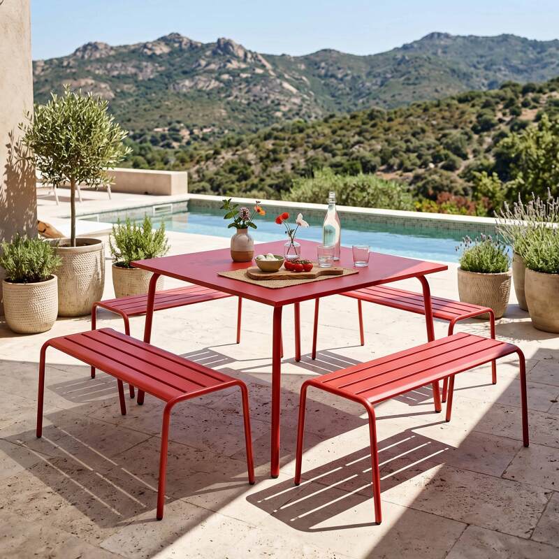 Mesa de jardín cuadrada de metal 120x120 cm y 4 bancos