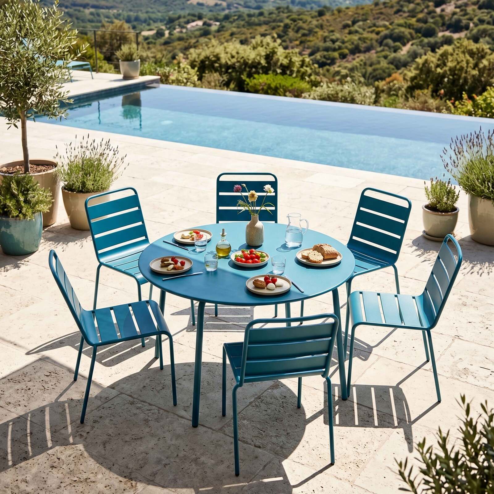Mesa de jardín redonda de metal Ø120 cm y 6 sillas