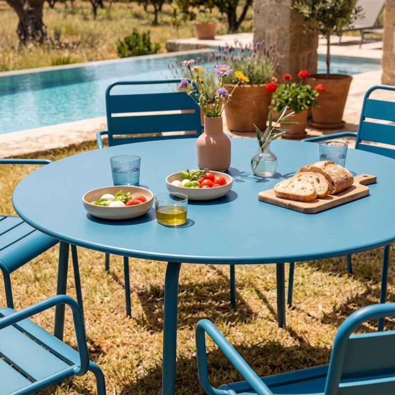 Mesa de jardín redonda de metal Ø120 cm y 6 sillas con reposabrazos (3/9)