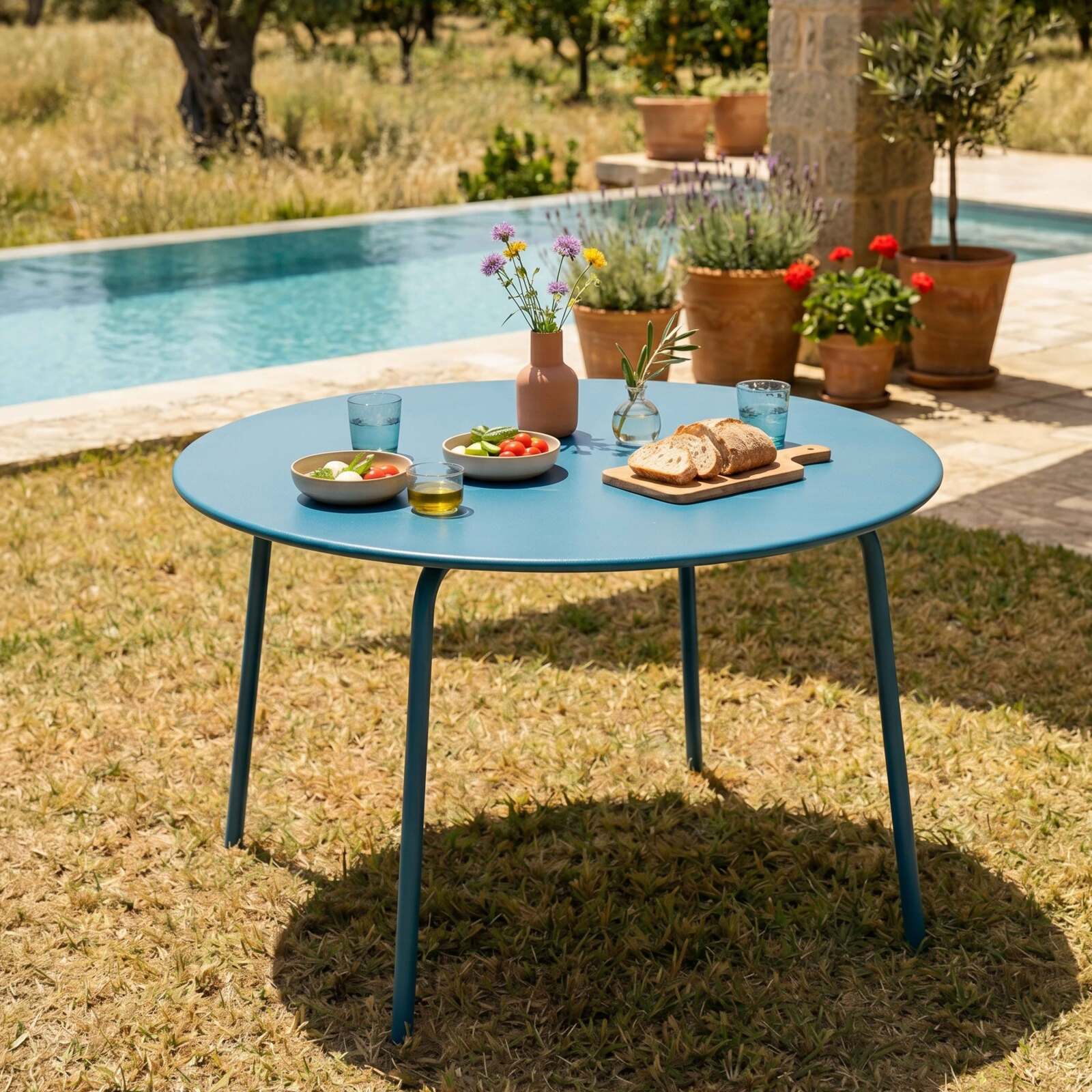Mesa de jardín redonda de metal Ø120 cm y 6 sillas con reposabrazos