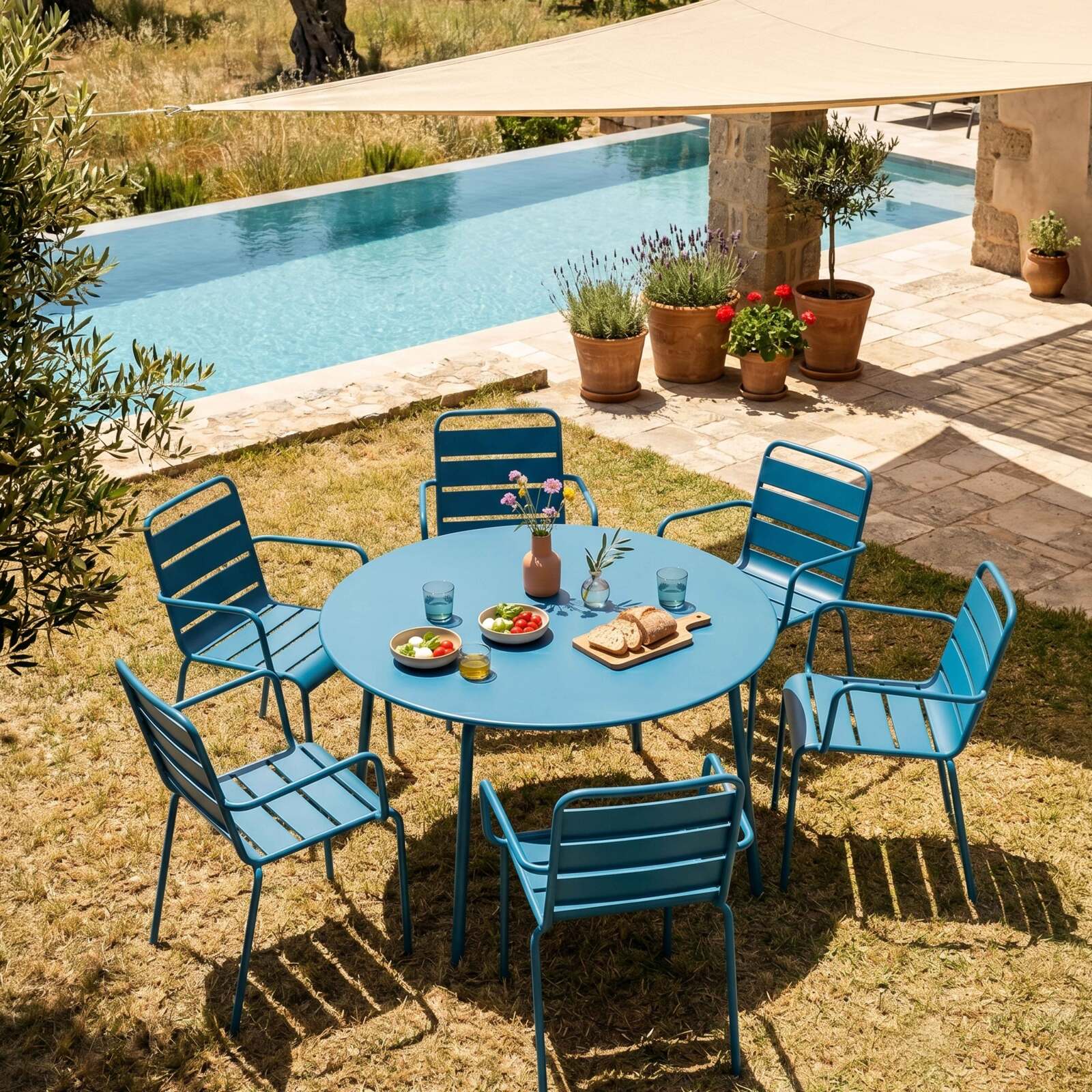 Mesa de jardín redonda de metal Ø120 cm y 6 sillas con reposabrazos