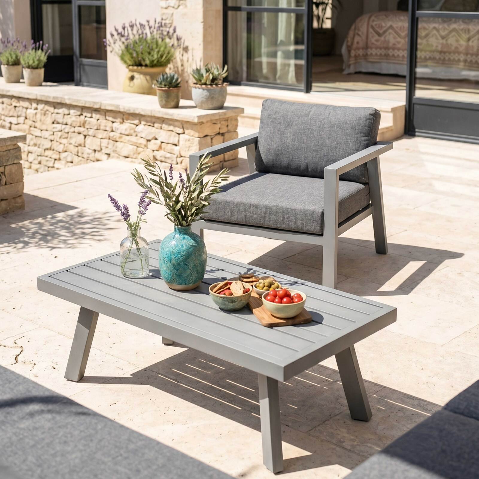 Conjunto de jardín esquinero de aluminio para 6 plazas con 1 sillón y 1 mesa de centro