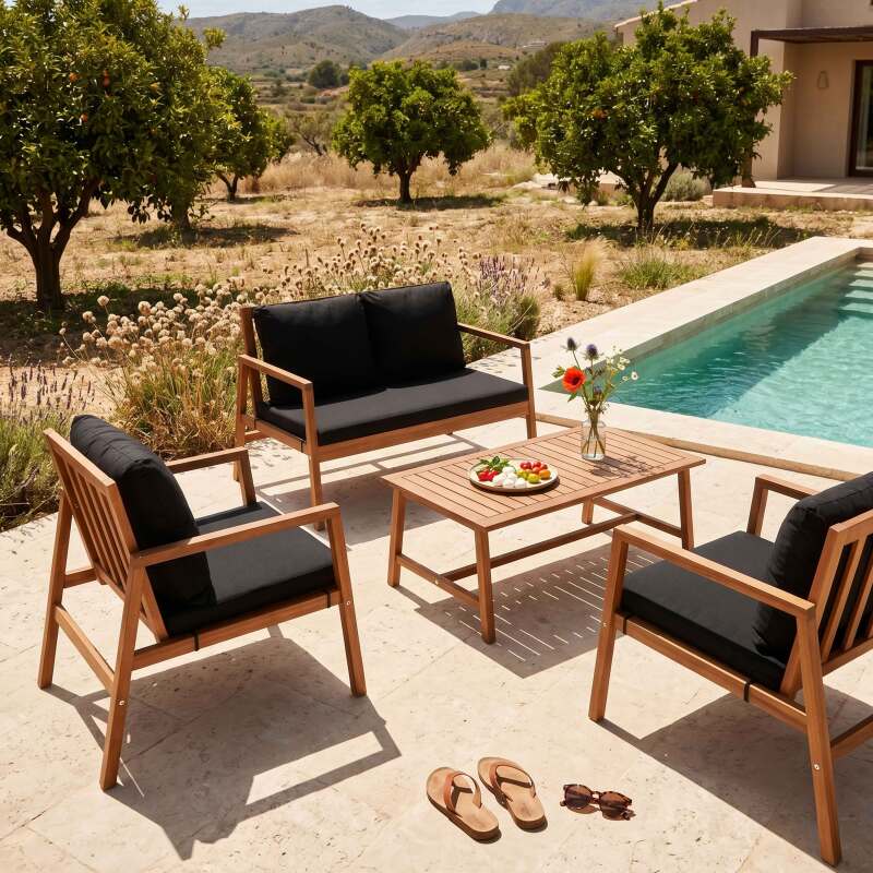 Conjunto de jardín de madera de eucalipto FSC® para 4 plazas con 1 sofá, 2 sillones y 1 mesa de centro