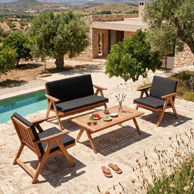 Conjunto de jardín plegable de madera de eucalipto FSC® para 4 plazas con 1 sofá, 2 sillones y 1 mesa de centro