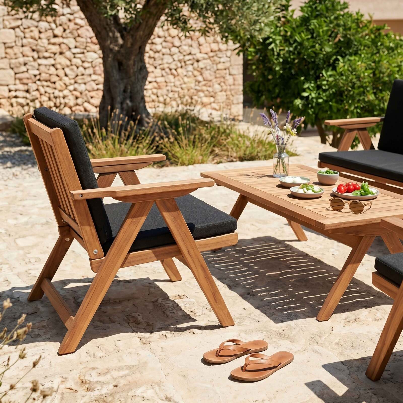 Conjunto de jardín plegable de madera de eucalipto FSC® para 4 plazas con 1 sofá, 2 sillones y 1 mesa de centro