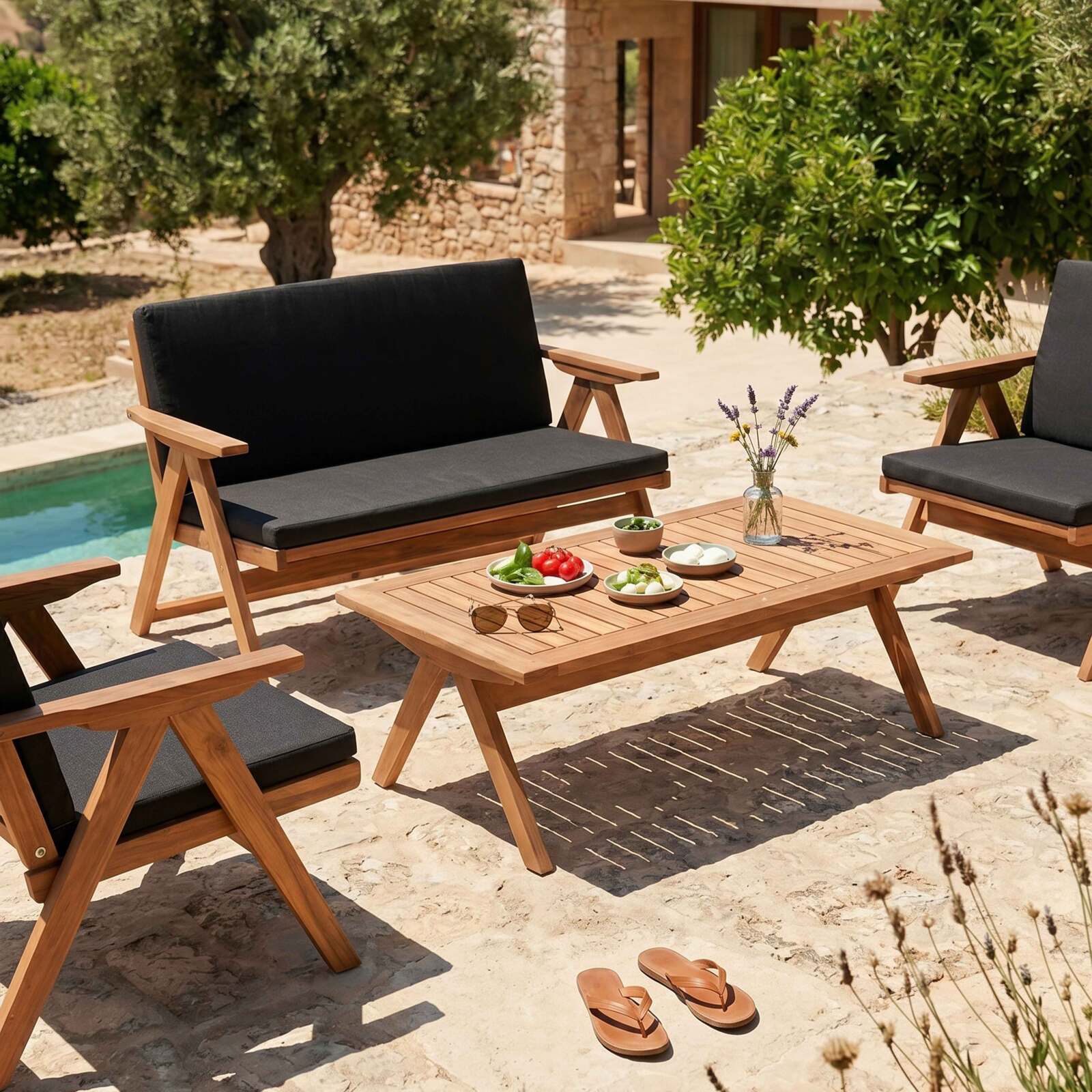 Conjunto de jardín plegable de madera de eucalipto FSC® para 4 plazas con 1 sofá, 2 sillones y 1 mesa de centro