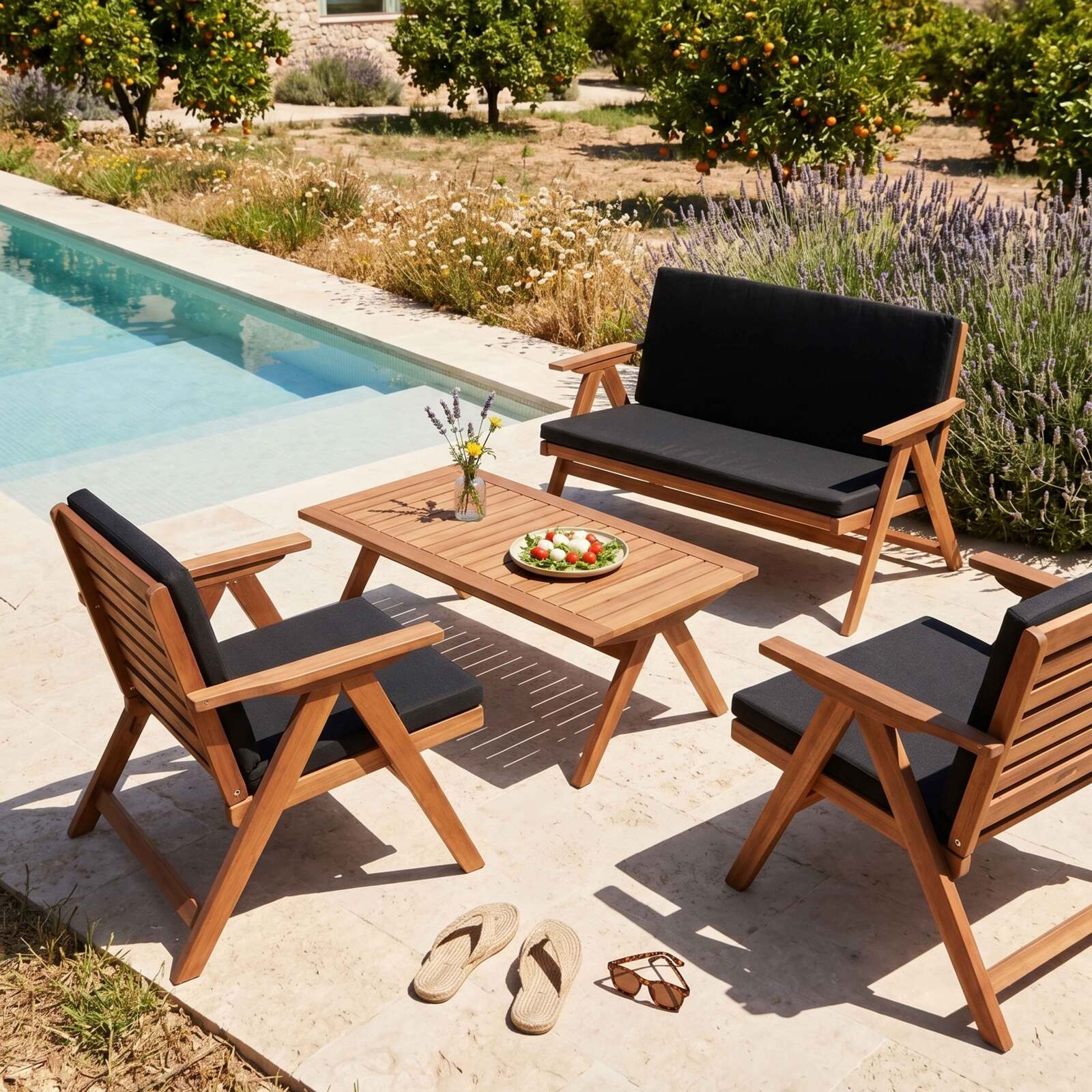 Conjunto de jardín plegable de madera de eucalipto FSC® para 4 plazas con 1 sofá, 2 sillones y 1 mesa de centro