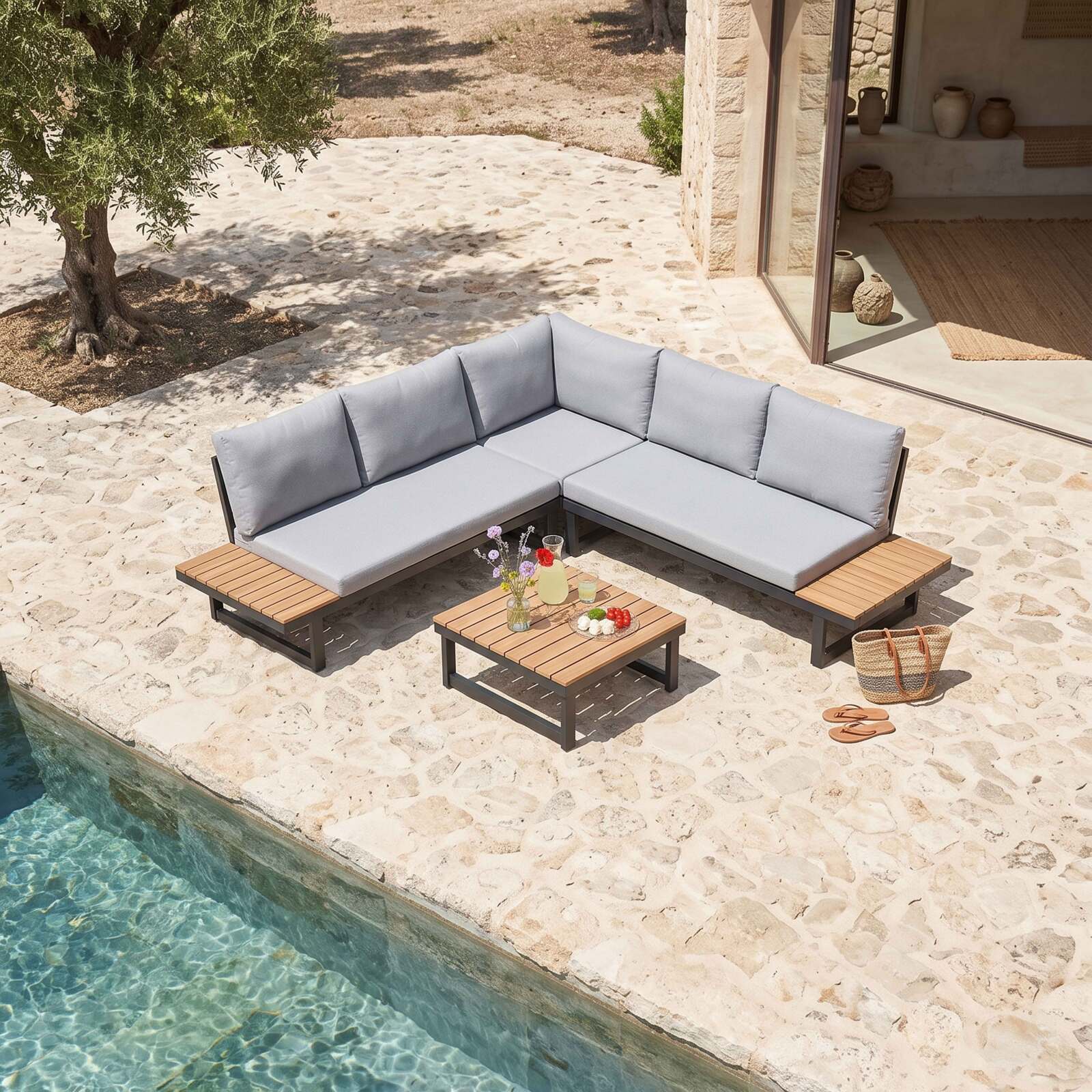 Conjunto de jardín esquinero modular de aluminio y madera certificada FSC® para 6 plazas