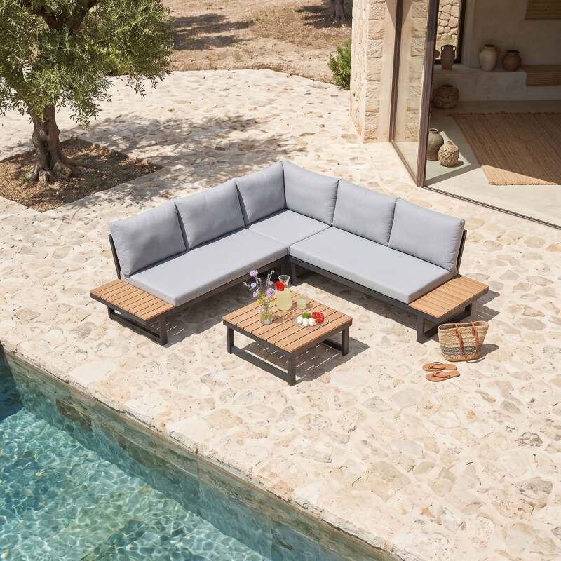 Conjunto de jardín esquinero modular de aluminio y madera certificada FSC® para 6 plazas (2/10)