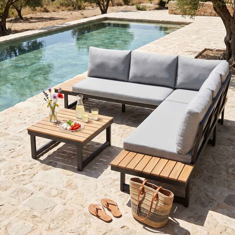 Conjunto de jardín esquinero modular de aluminio y madera certificada FSC® para 6 plazas (4/10)