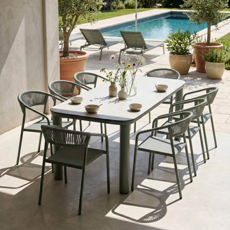 Mesa de jardín estructura de aluminio, 8 personas 213x90 cm y 8 sillas de textilene