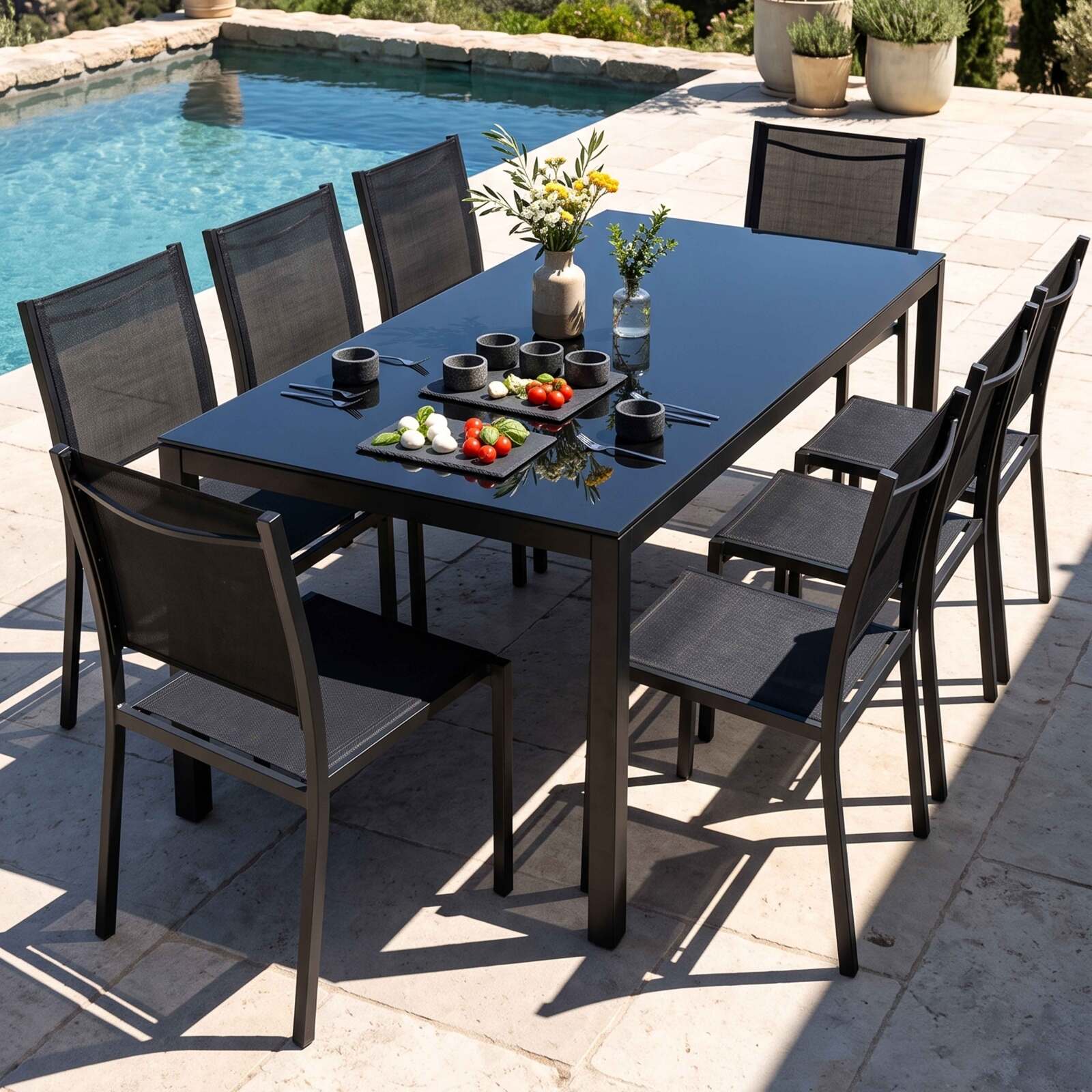 Mesa de jardín de aluminio y vidrio de seguridad 182x90 cm y 8 sillas en textilene