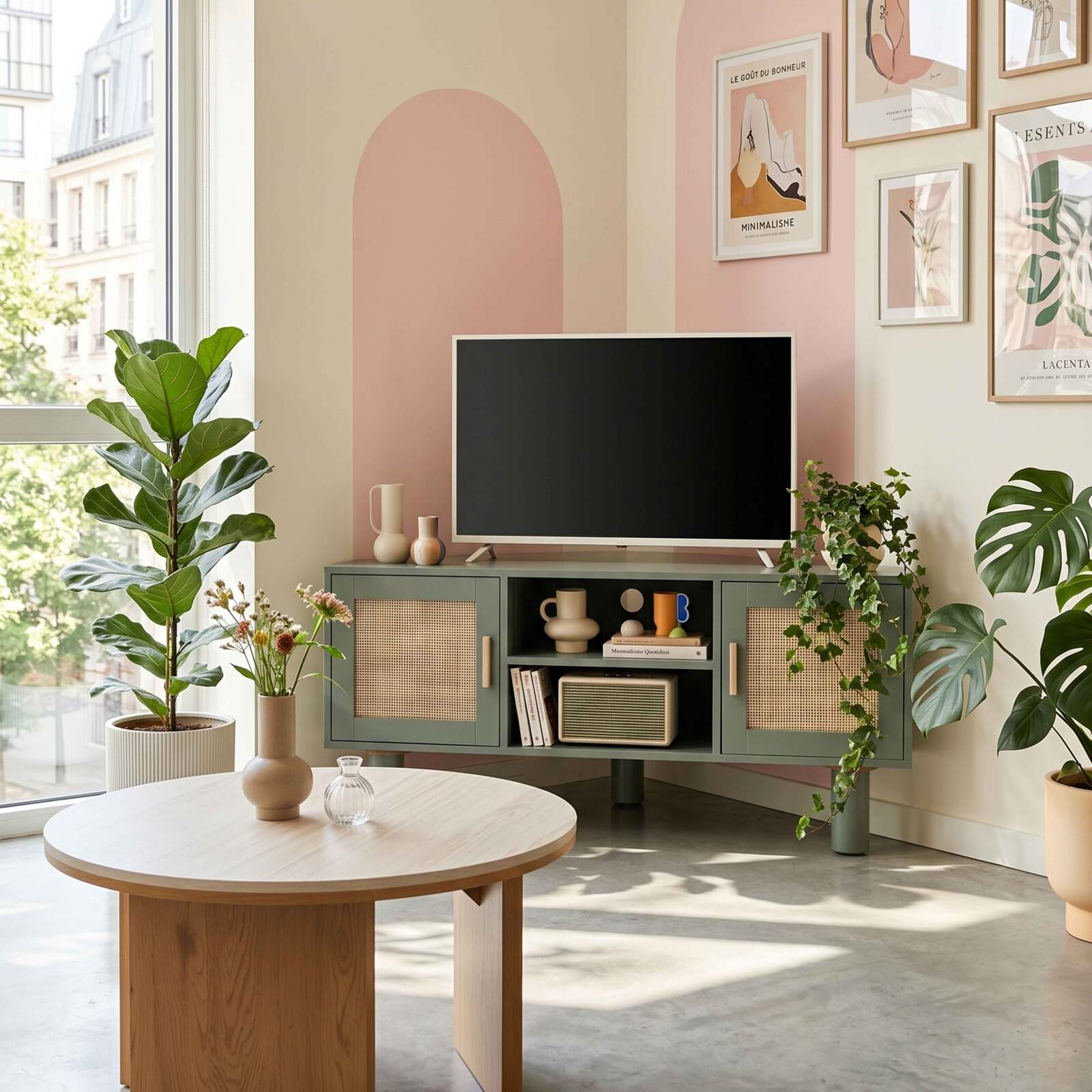 Mueble TV esquinero efecto rejilla de ratán sintético de 120 cm estilo boho