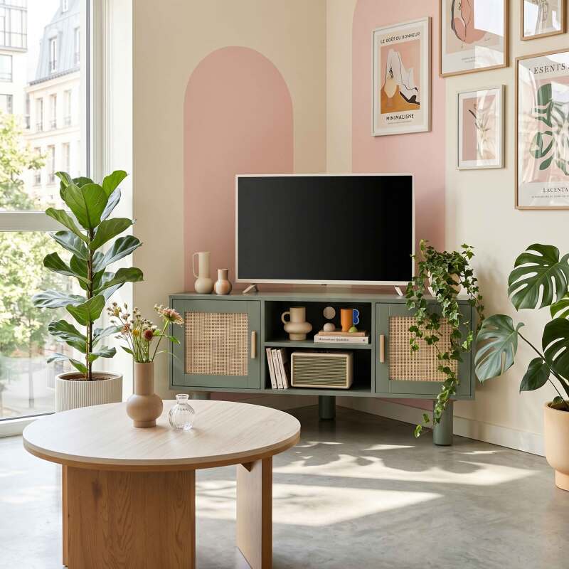 Mueble TV esquinero efecto rejilla de ratán sintético de 120 cm estilo boho (2/25)
