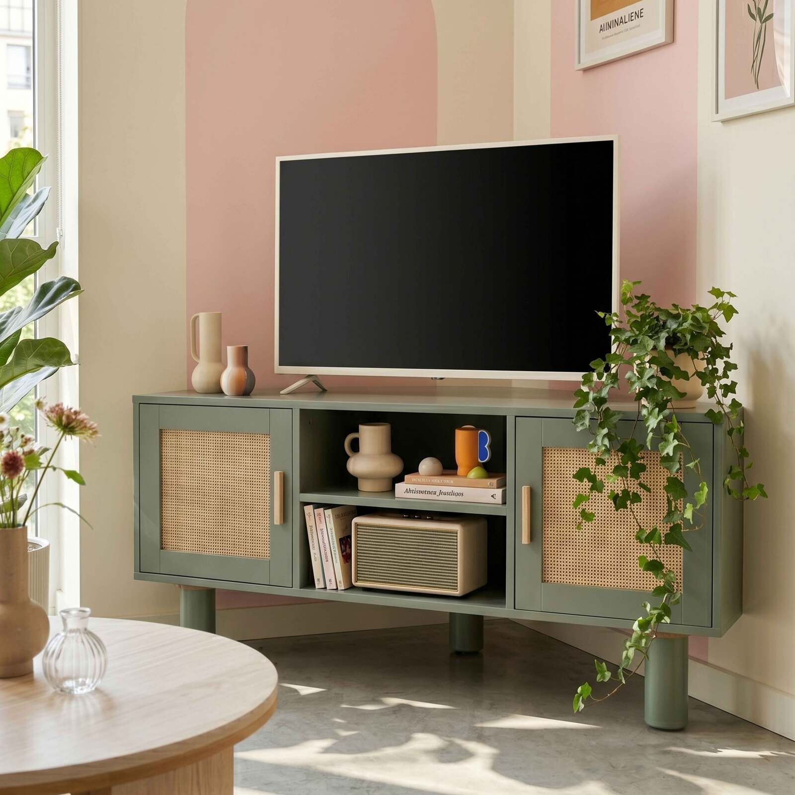 Mueble TV esquinero efecto rejilla de ratán sintético de 120 cm estilo boho