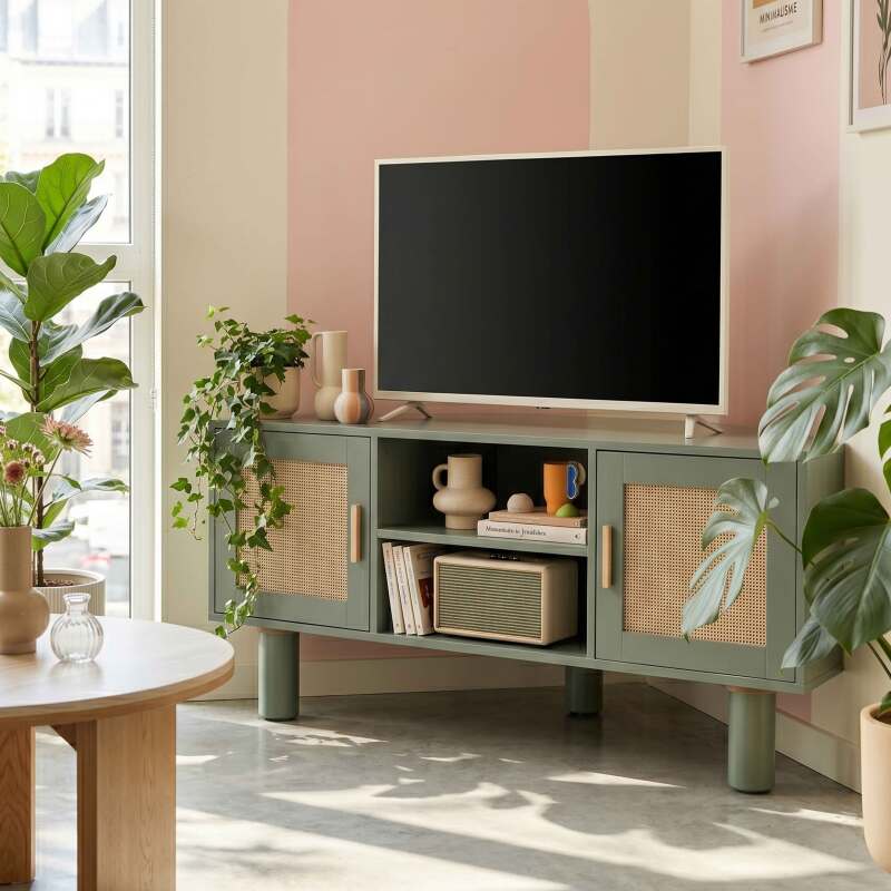 Mueble TV esquinero efecto rejilla de ratán sintético de 120 cm estilo boho (4/25)