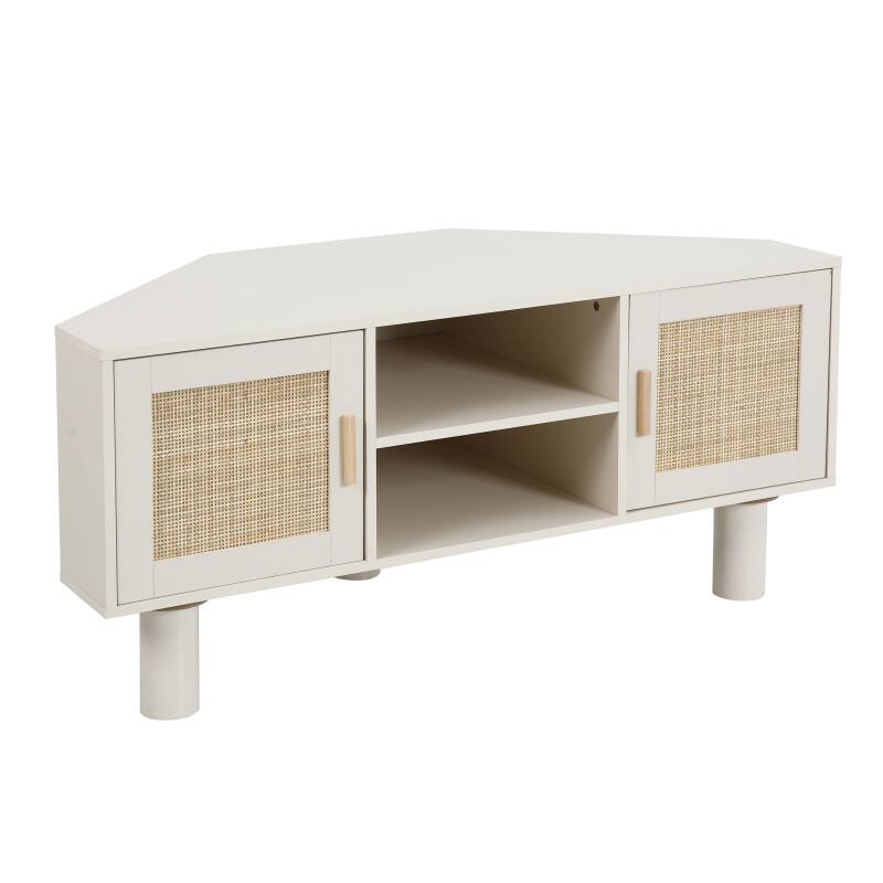 Mueble TV esquinero efecto rejilla de ratán sintético de 120 cm estilo boho (11/25)