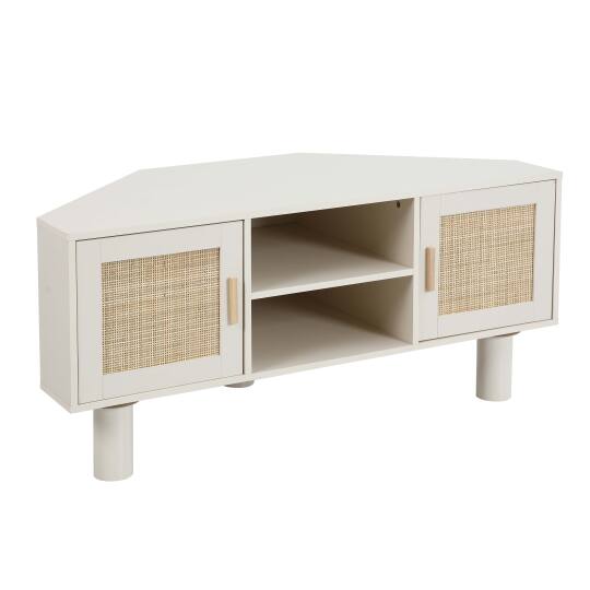 Mueble TV esquinero efecto rejilla de ratán sintético de 120 cm estilo boho | Oviala