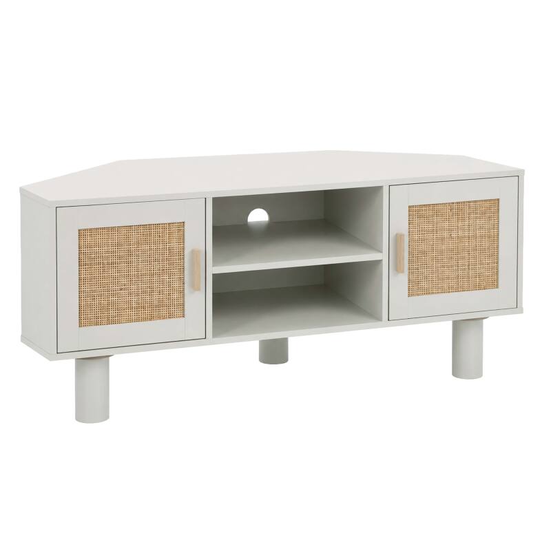 Mueble TV esquinero efecto rejilla de ratán sintético de 120 cm estilo boho (12/25)
