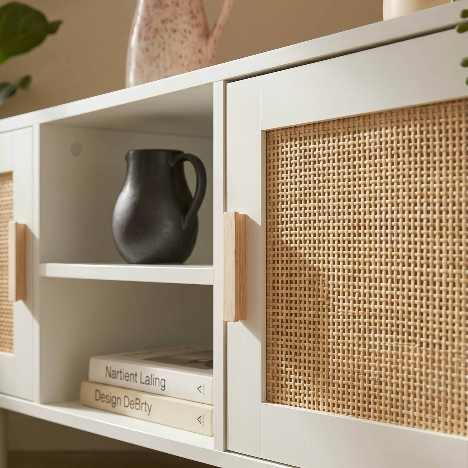 Mueble TV esquinero efecto rejilla de ratán sintético de 120 cm estilo boho