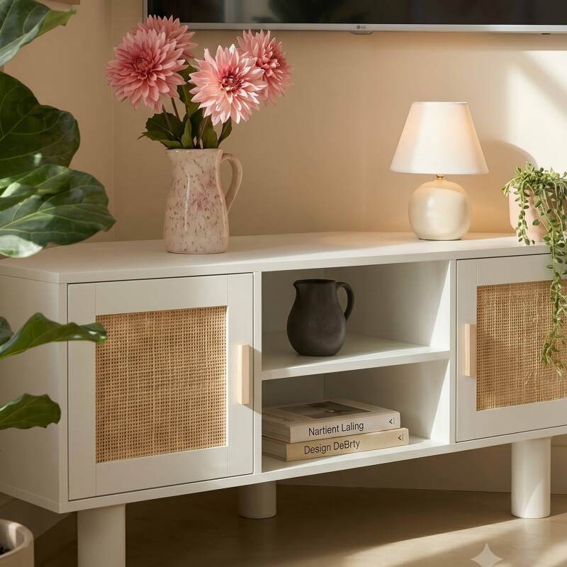 Mueble TV esquinero efecto rejilla de ratán sintético de 120 cm estilo boho (15/25)
