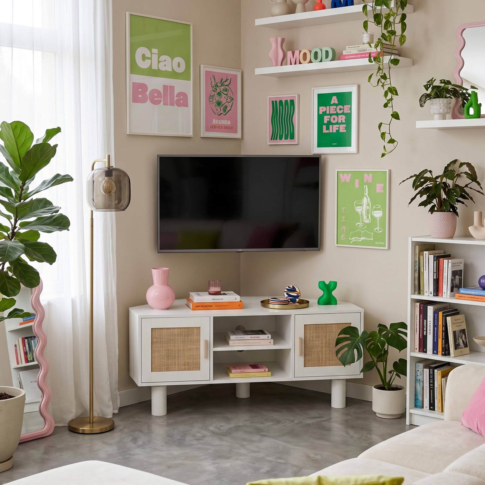 Mueble TV esquinero efecto rejilla de ratán sintético de 120 cm estilo boho