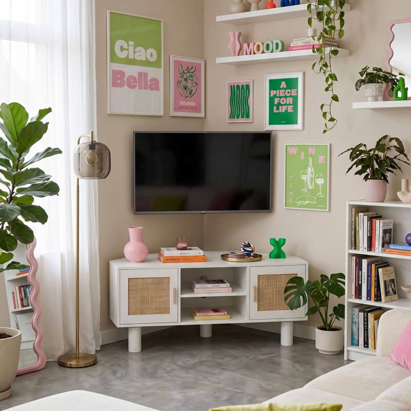 Mueble TV esquinero efecto rejilla de ratán sintético de 120 cm estilo boho (21/25)