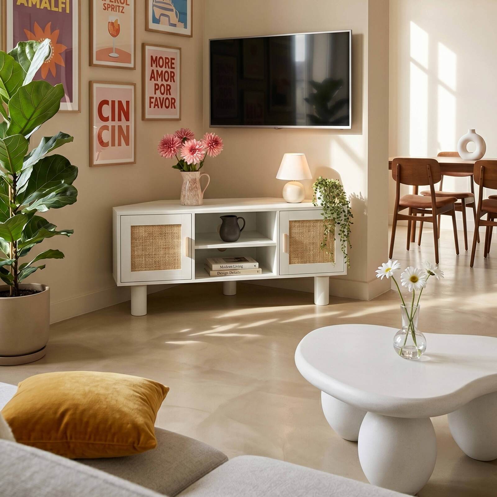 Mueble TV esquinero efecto rejilla de ratán sintético de 120 cm estilo boho
