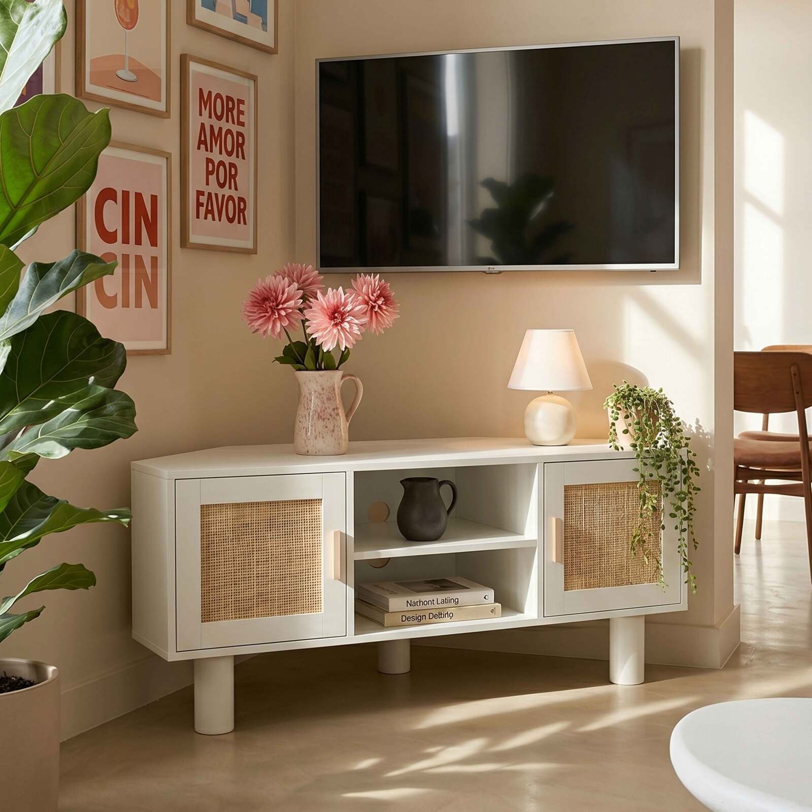 Mueble TV esquinero efecto rejilla de ratán sintético de 120 cm estilo boho