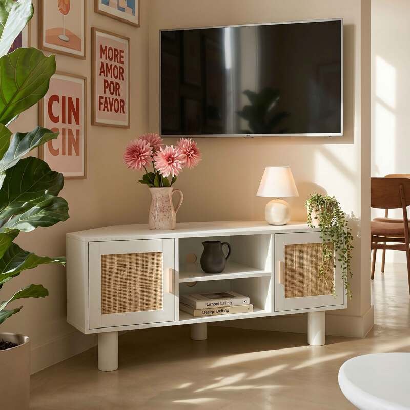Mueble TV esquinero efecto rejilla de ratán sintético de 120 cm estilo boho (14/25)