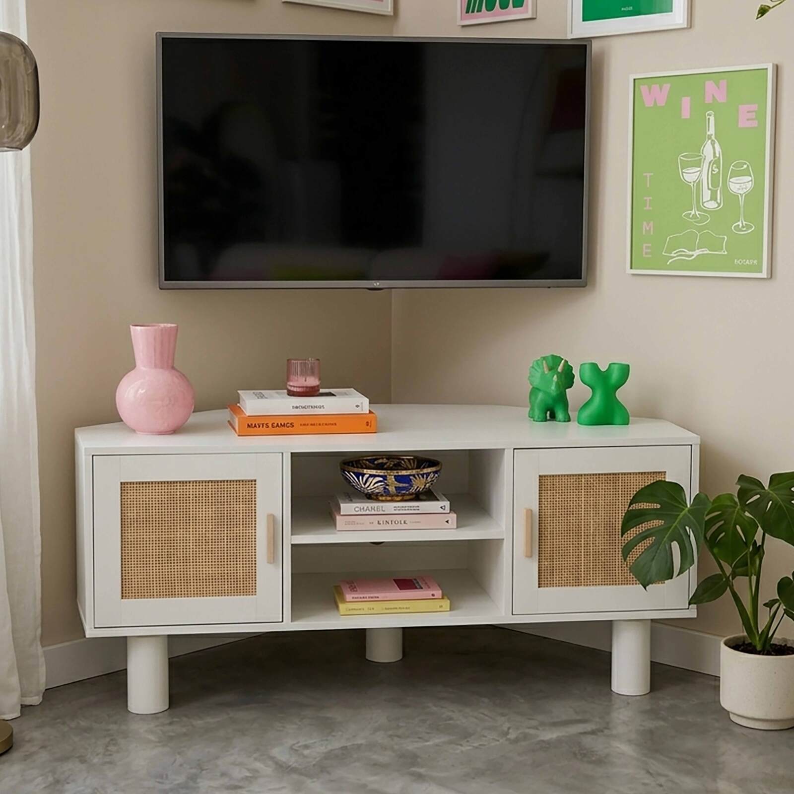 Mueble TV esquinero efecto rejilla de ratán sintético de 120 cm estilo boho