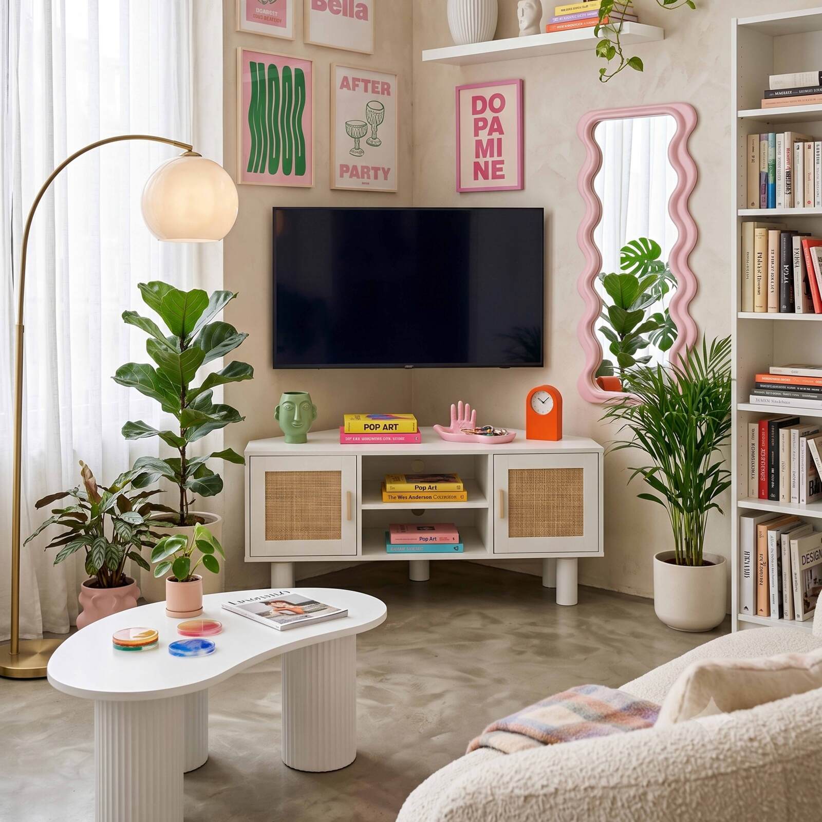 Mueble TV esquinero efecto rejilla de ratán sintético de 120 cm estilo boho
