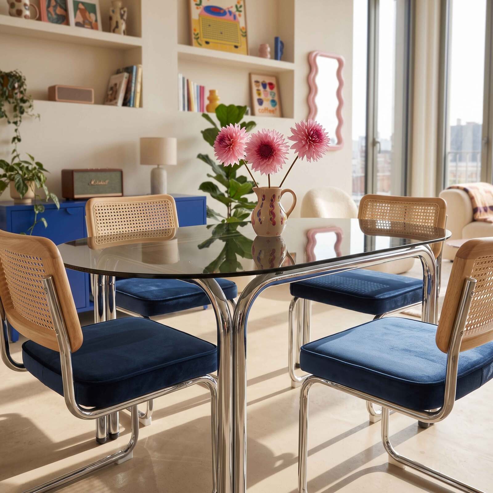 Mesa de comedor ovalada de metal y cristal templado para 6 personas