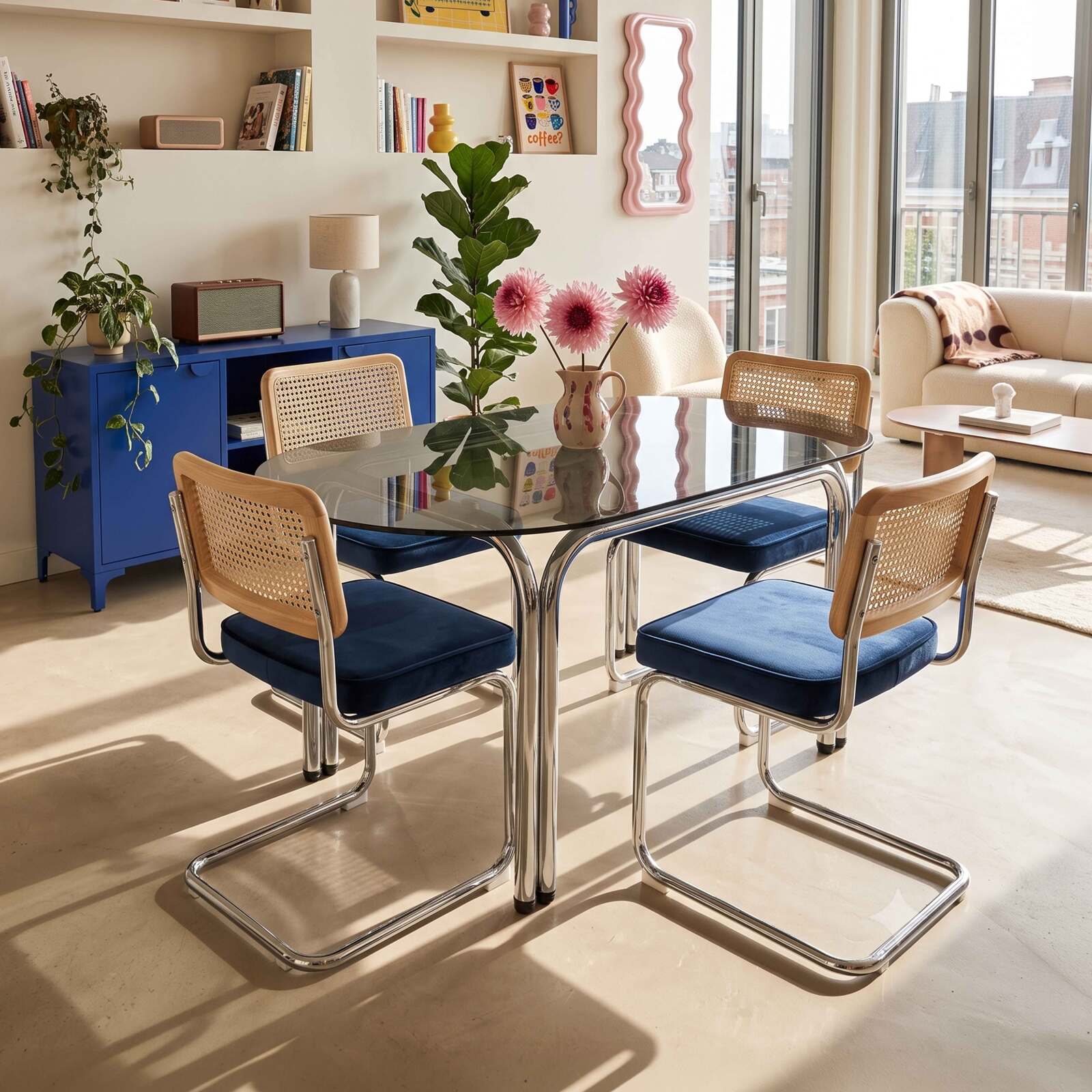 Mesa de comedor ovalada de metal y cristal templado para 6 personas