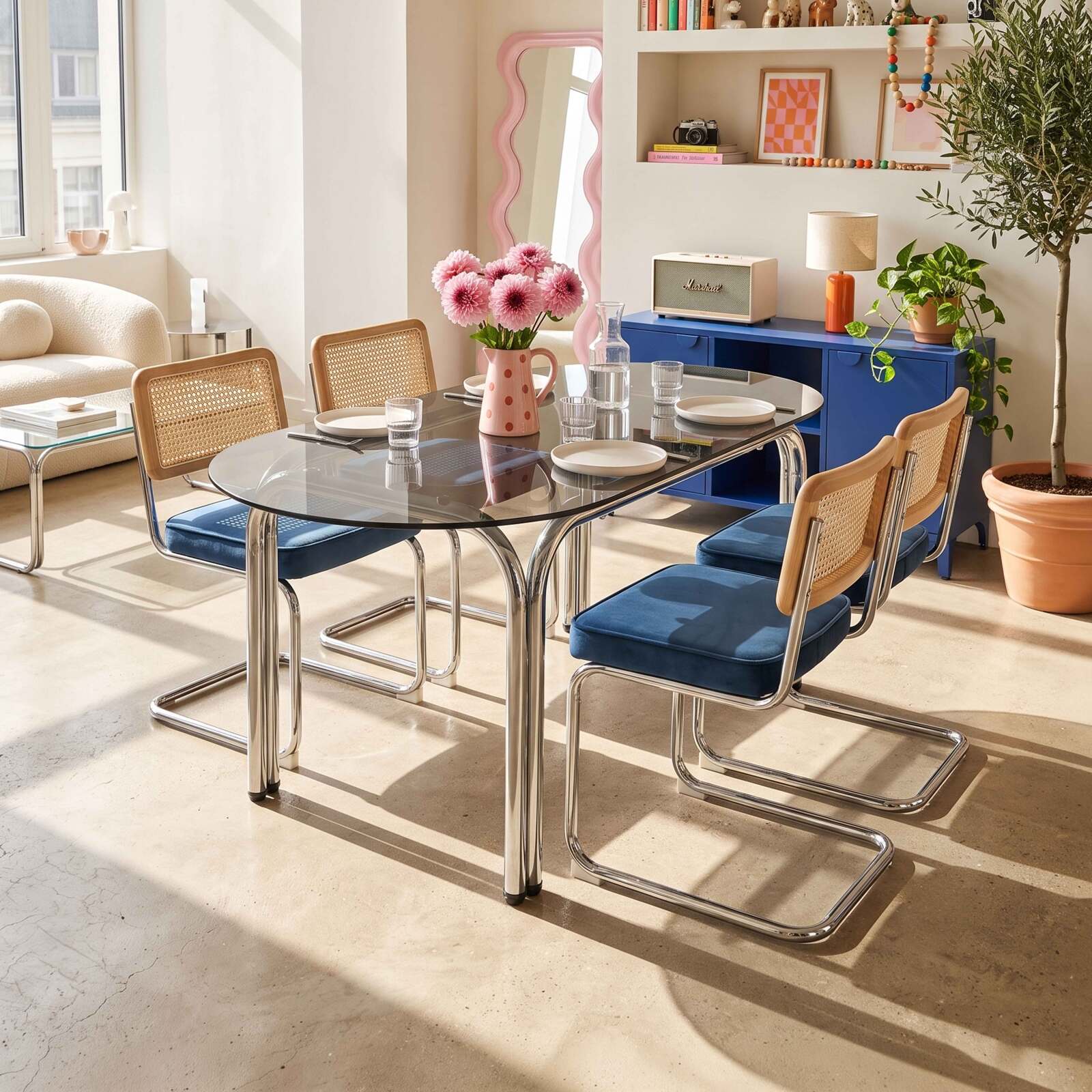 Mesa de comedor ovalada de metal y cristal templado para 6 personas