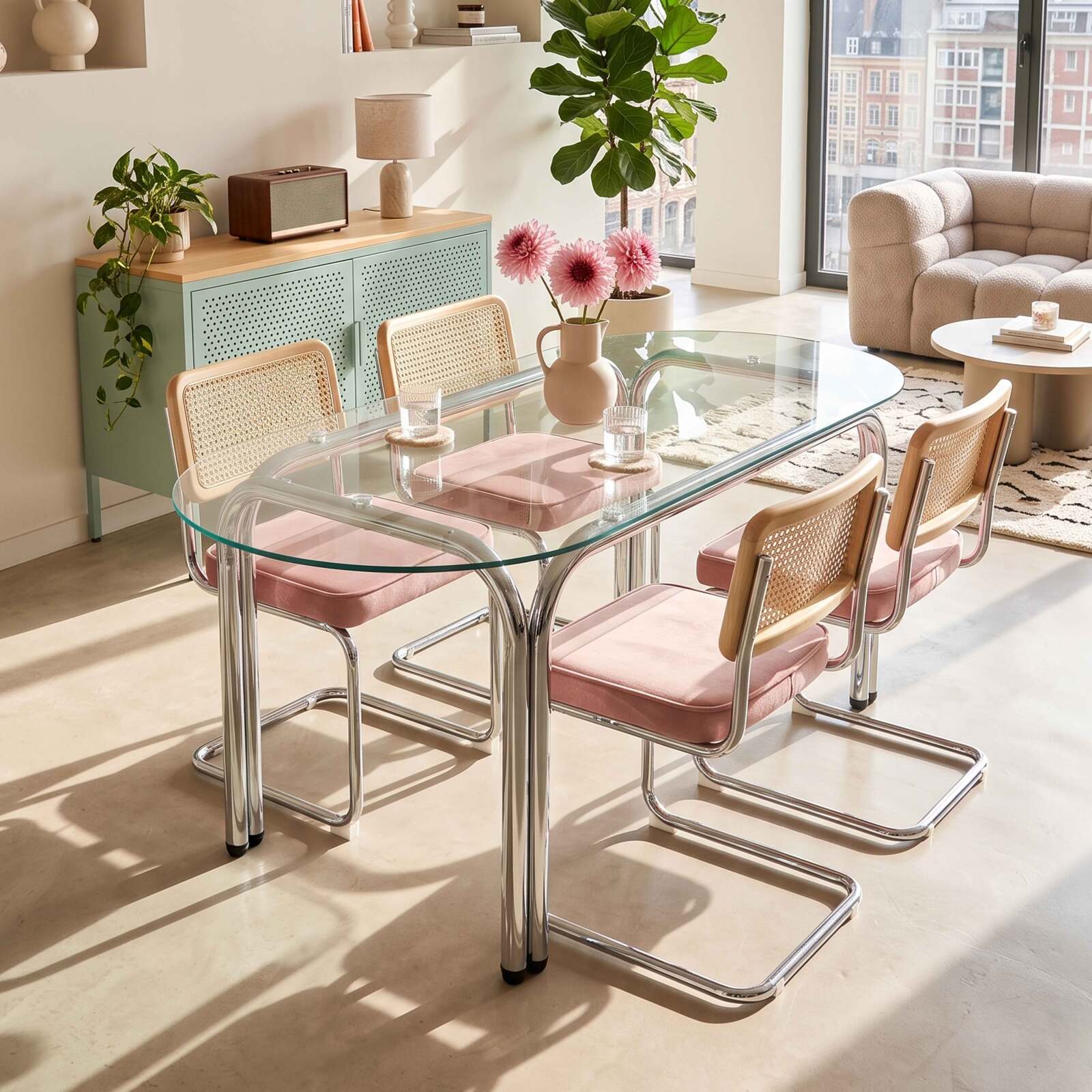 Mesa de comedor ovalada de metal y cristal templado para 6 personas