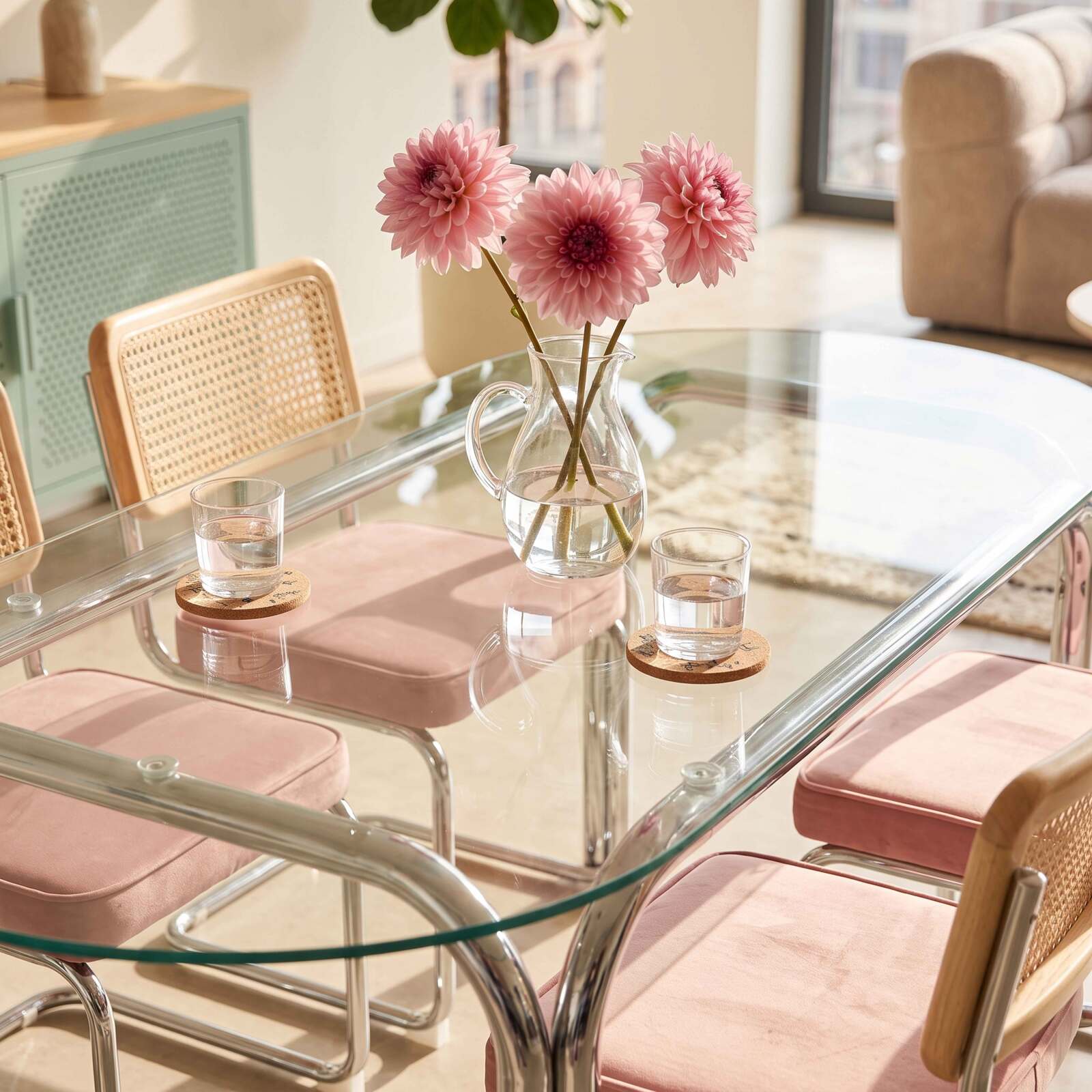 Mesa de comedor ovalada de metal y cristal templado para 6 personas