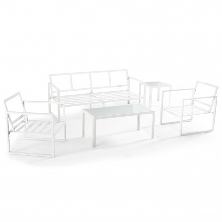 Conjunto de muebles de jardín de aluminio de 5 plazas compuesto por un sofá, 2 sillones, una mesa de centro y una mesa auxiliar