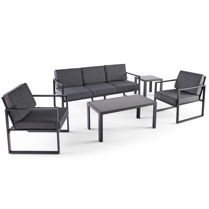 Conjunto de muebles de jardín de aluminio de 5 plazas compuesto por un sofá, 2 sillones, una mesa de centro y una mesa auxiliar