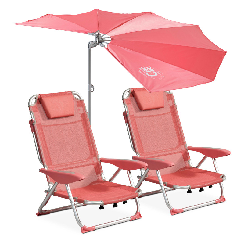 Lote de 2 sillones de playa de playa plegable y reclinable con sombrilla