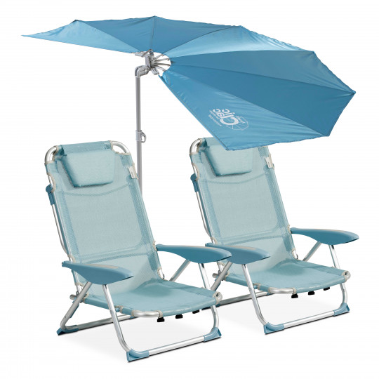 Lote de 2 sillones de playa de playa plegable y reclinable con sombrilla