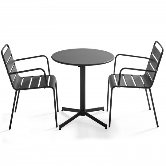 Mesa redonda con tablero plegable ø70 cm y 2 sillas con reposabrazos de metal