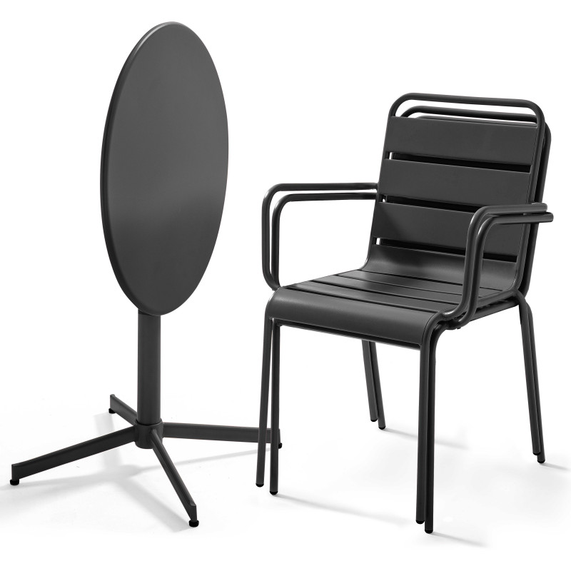 Mesa redonda con tablero plegable ø70 cm y 2 sillas con reposabrazos de metal