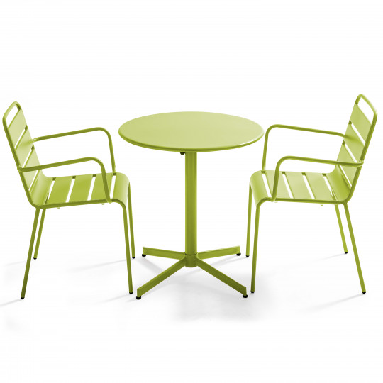 Mesa redonda con tablero plegable ø70 cm y 2 sillas con reposabrazos de metal