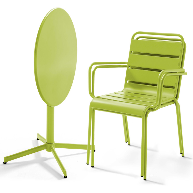 Mesa redonda con tablero plegable ø70 cm y 2 sillas con reposabrazos de metal