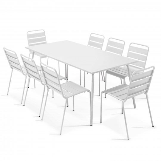 Mesa de jardín rectangular y 8 sillas de metal apilables | Oviala
