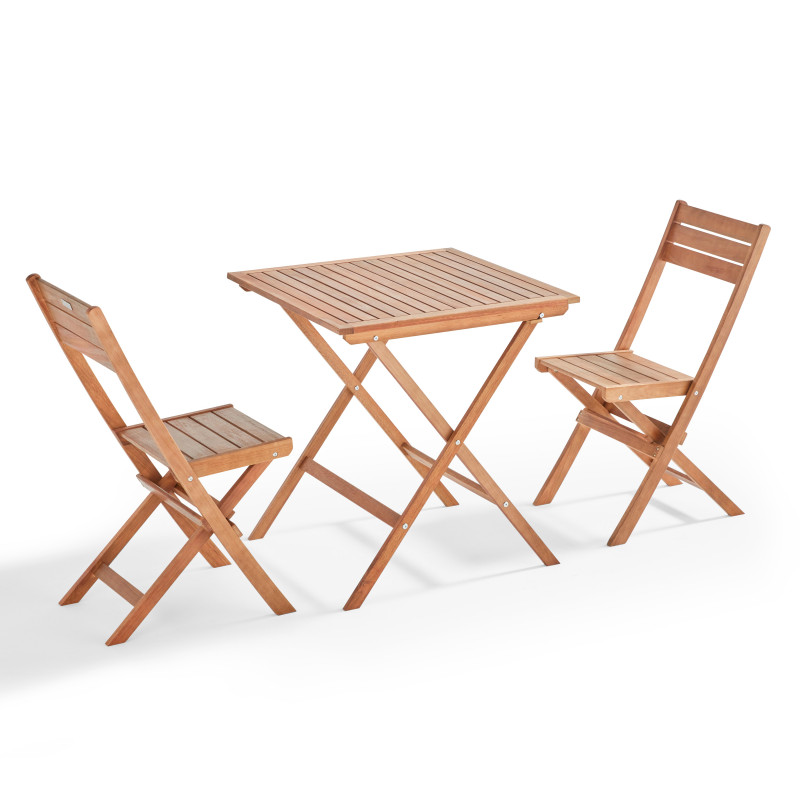 Mesa de jardín 70 x 70 cm y 2 sillas plegables de eucalipto