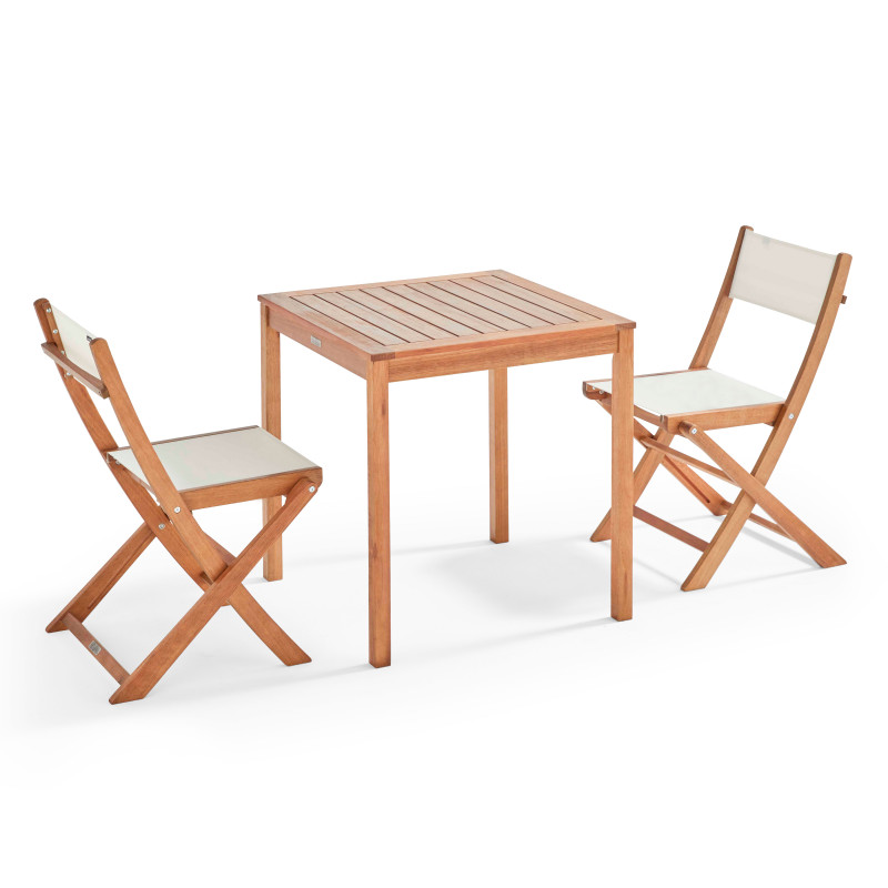 Mesa 70 x 70 cm y 2 sillas plegables en textileno y eucalipto