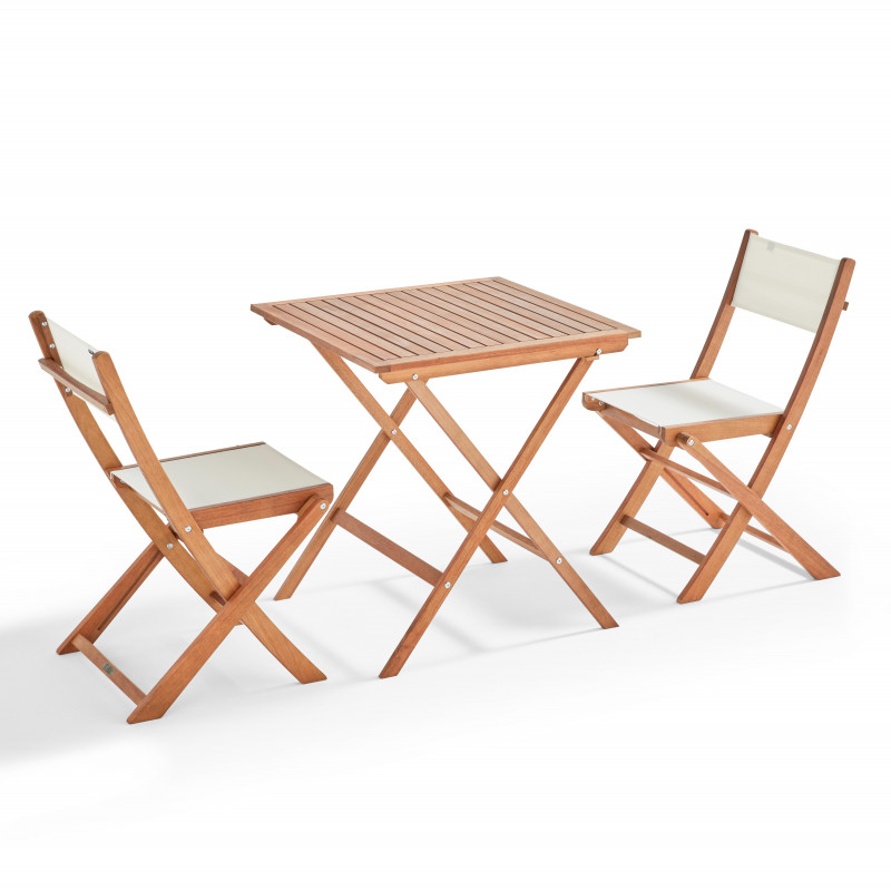 Mesa cuadrada plegable 70 x 70 cm y 2 sillas plegables de textileno y eucalipto