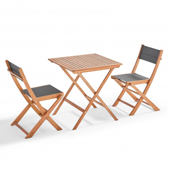 Mesa cuadrada plegable 70 x 70 cm y 2 sillas plegables de textileno y eucalipto